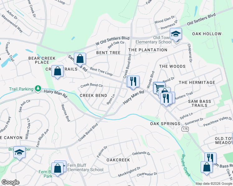 map of restaurants, bars, coffee shops, grocery stores, and more near 1723 Ryon Lane in Round Rock