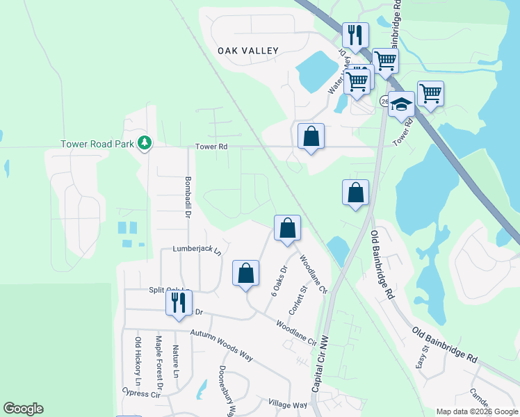 map of restaurants, bars, coffee shops, grocery stores, and more near 4962 Woodlane Circle in Tallahassee