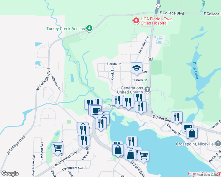 map of restaurants, bars, coffee shops, grocery stores, and more near 215 Evans Street in Niceville