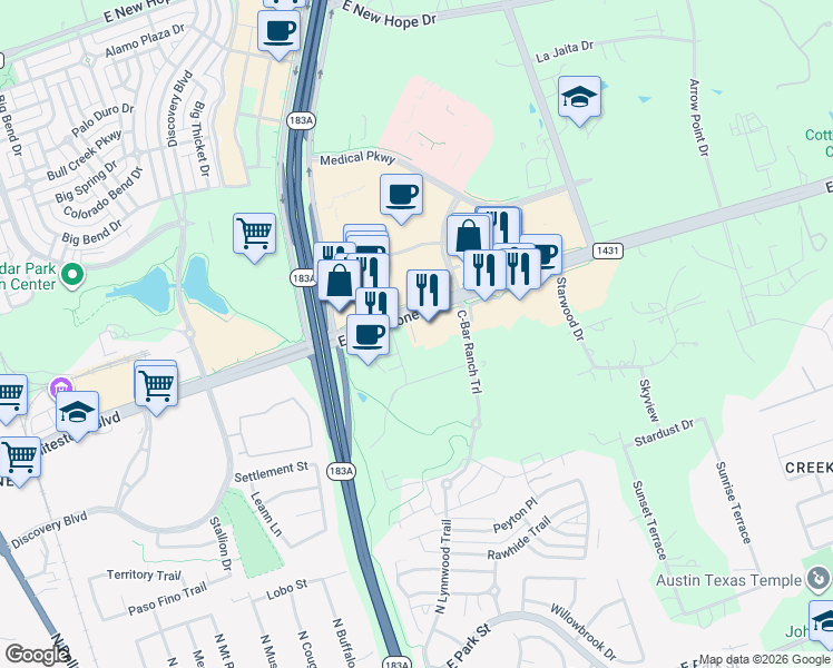 map of restaurants, bars, coffee shops, grocery stores, and more near 1350 East Whitestone Boulevard in Cedar Park