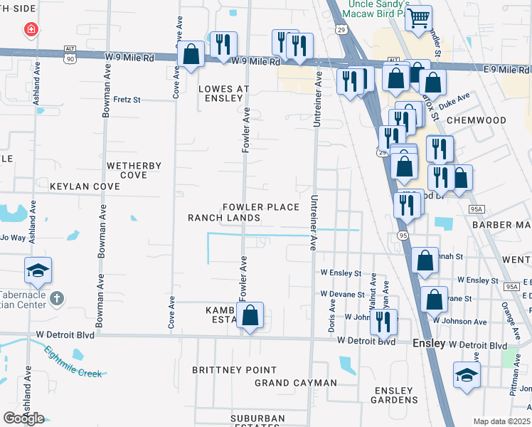 map of restaurants, bars, coffee shops, grocery stores, and more near 935 J E Boyd Lane in Pensacola