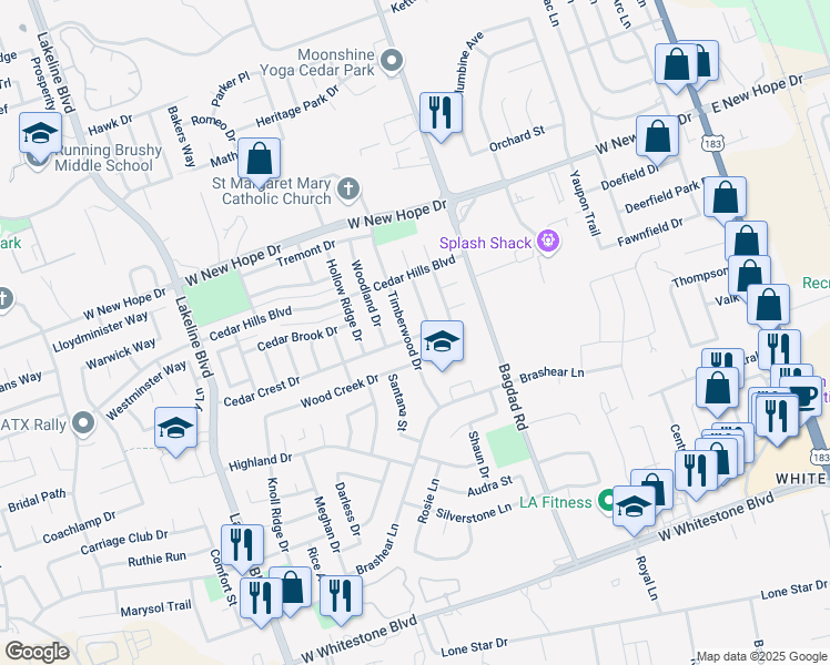 map of restaurants, bars, coffee shops, grocery stores, and more near 1000 Cedar Crest Drive in Cedar Park
