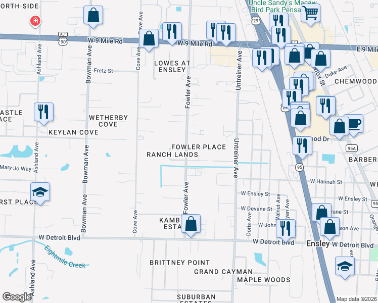 map of restaurants, bars, coffee shops, grocery stores, and more near 8700 Fowler Avenue in Pensacola
