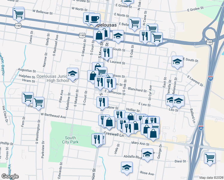 map of restaurants, bars, coffee shops, grocery stores, and more near 401 East Jefferson Street in Opelousas