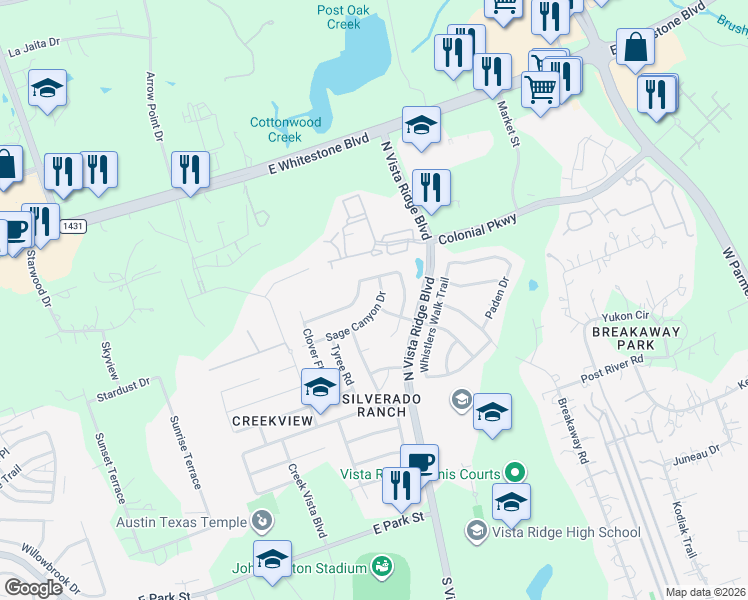 map of restaurants, bars, coffee shops, grocery stores, and more near 2301 Sage Canyon Drive in Cedar Park