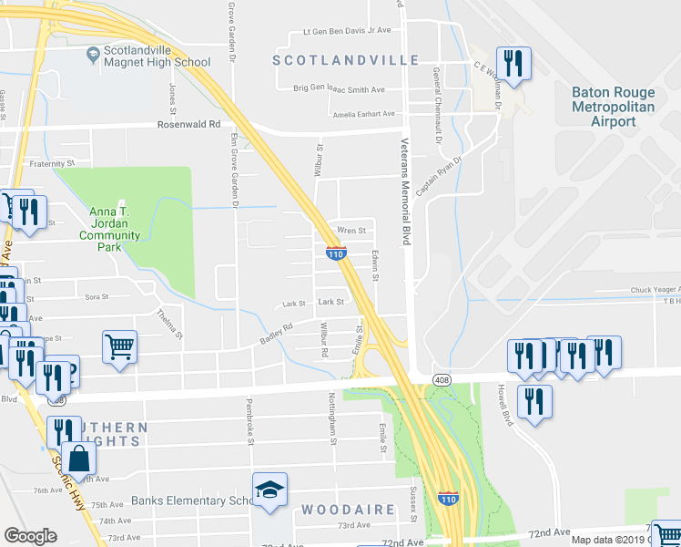 map of restaurants, bars, coffee shops, grocery stores, and more near 2148 Finch Street in Baton Rouge