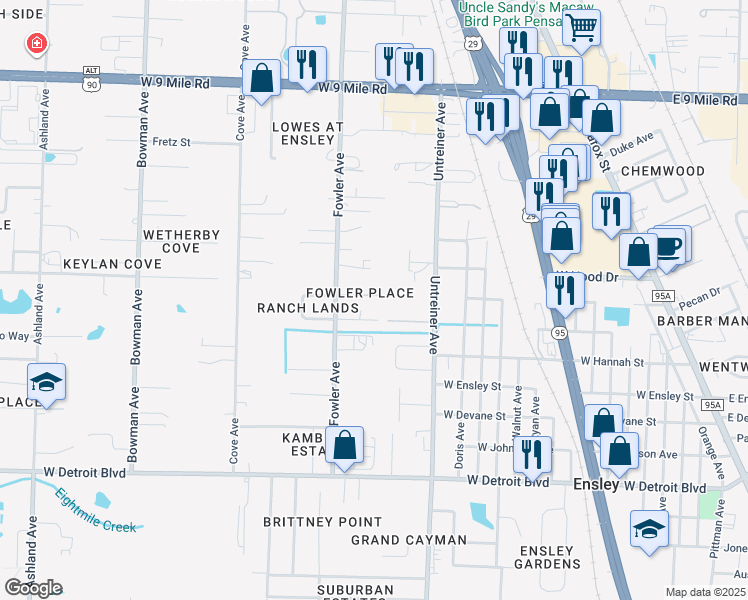 map of restaurants, bars, coffee shops, grocery stores, and more near 935 J E Boyd Lane in Pensacola
