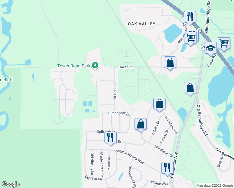 map of restaurants, bars, coffee shops, grocery stores, and more near 6271 Bombadil Drive in Tallahassee