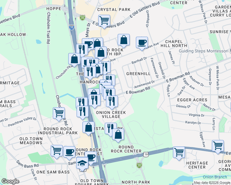 map of restaurants, bars, coffee shops, grocery stores, and more near 1713 North Mays Street in Round Rock