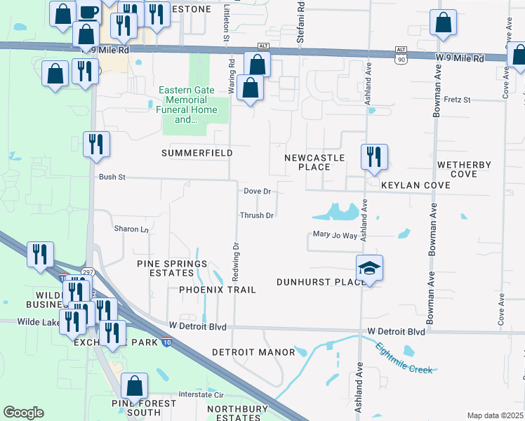 map of restaurants, bars, coffee shops, grocery stores, and more near 1950 Thrush Drive in Pensacola