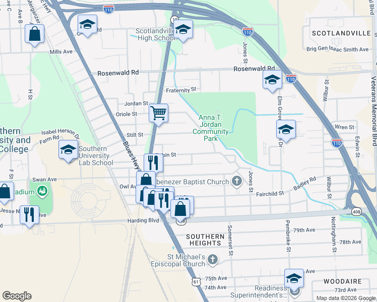map of restaurants, bars, coffee shops, grocery stores, and more near 1538 Robin Street in Baton Rouge