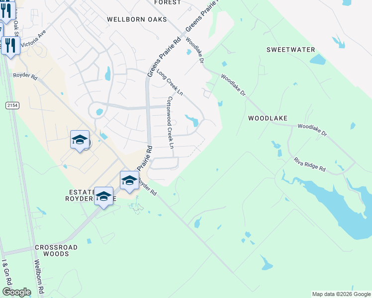 map of restaurants, bars, coffee shops, grocery stores, and more near 15749 Timber Creek Lane in College Station