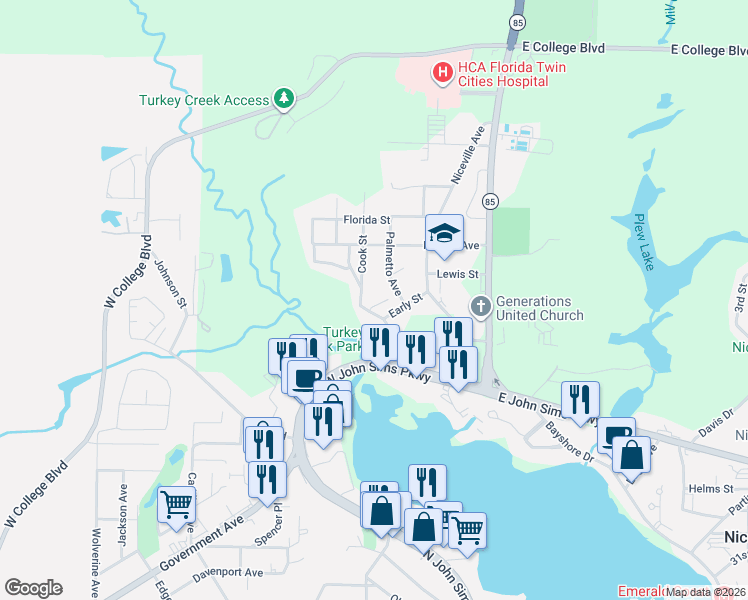 map of restaurants, bars, coffee shops, grocery stores, and more near 215 Evans Street in Niceville