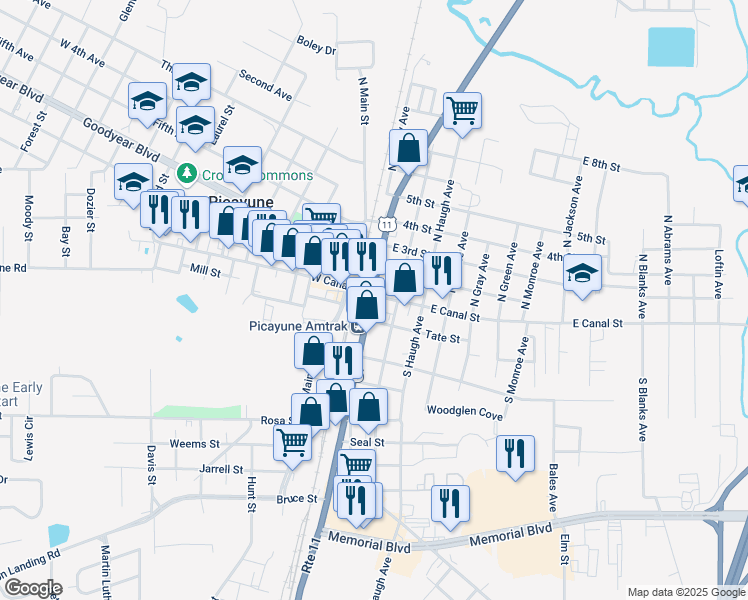 map of restaurants, bars, coffee shops, grocery stores, and more near 105 U.S. 11 in Picayune