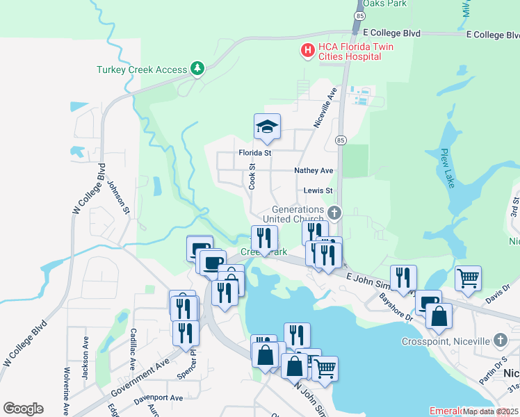 map of restaurants, bars, coffee shops, grocery stores, and more near 5 Coolwater Lane in Niceville