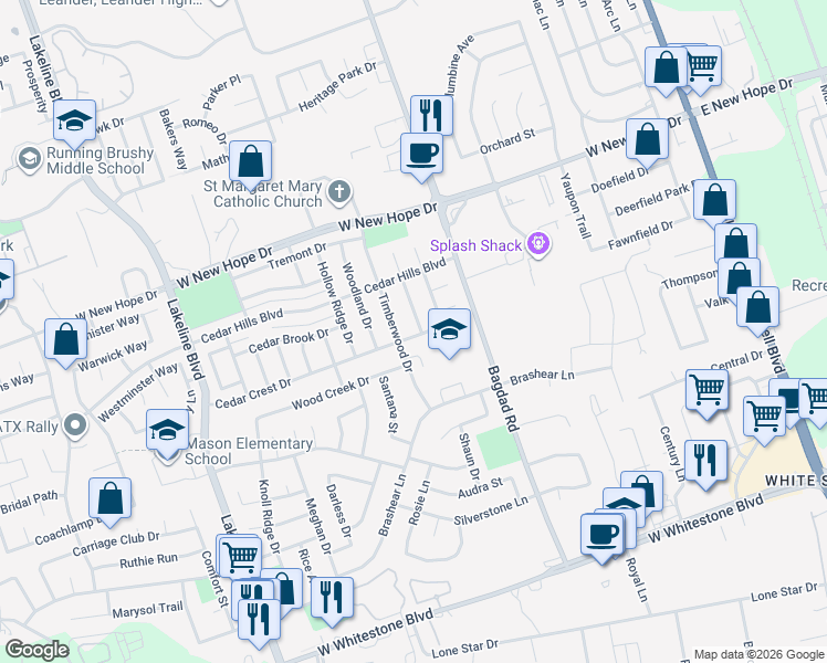 map of restaurants, bars, coffee shops, grocery stores, and more near 1701 Ascot Lane in Cedar Park