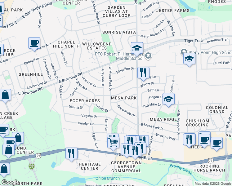 map of restaurants, bars, coffee shops, grocery stores, and more near 903 Wayne Drive in Round Rock