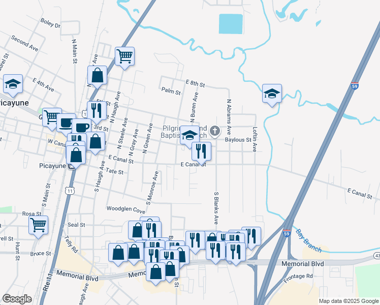 map of restaurants, bars, coffee shops, grocery stores, and more near 900 East 3rd Street in Picayune
