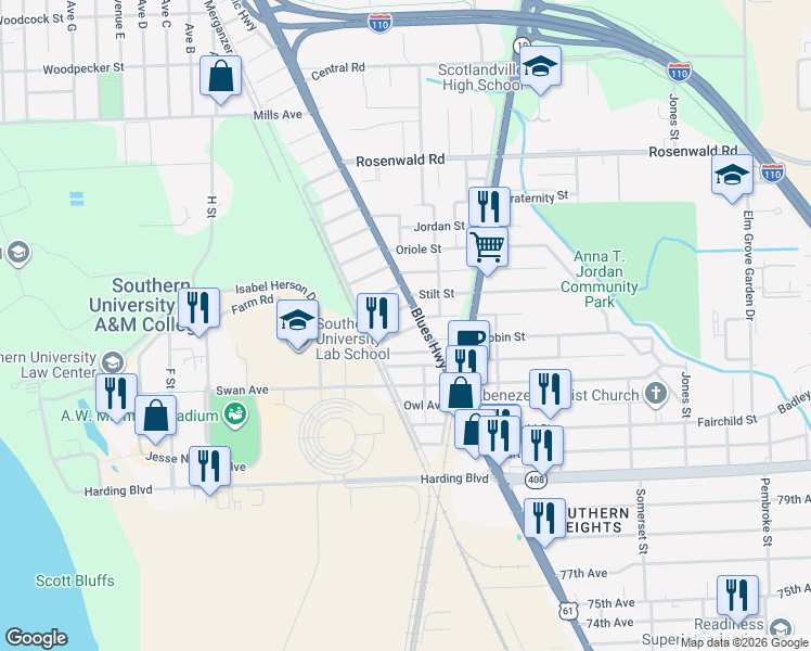 map of restaurants, bars, coffee shops, grocery stores, and more near 962 Sparrow Street in Baton Rouge