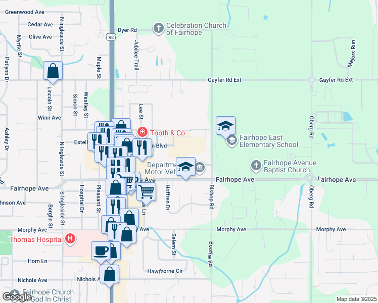 map of restaurants, bars, coffee shops, grocery stores, and more near 102 Courthouse Drive in Fairhope