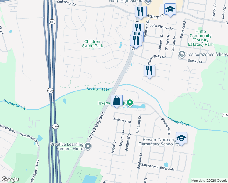 map of restaurants, bars, coffee shops, grocery stores, and more near in Hutto