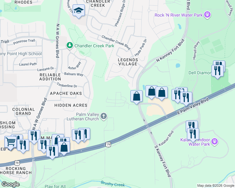 map of restaurants, bars, coffee shops, grocery stores, and more near 2800 Joe Dimaggio Boulevard in Round Rock