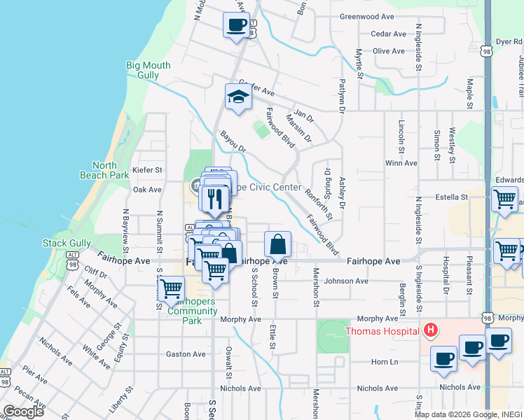 map of restaurants, bars, coffee shops, grocery stores, and more near 509 Equality Avenue in Fairhope