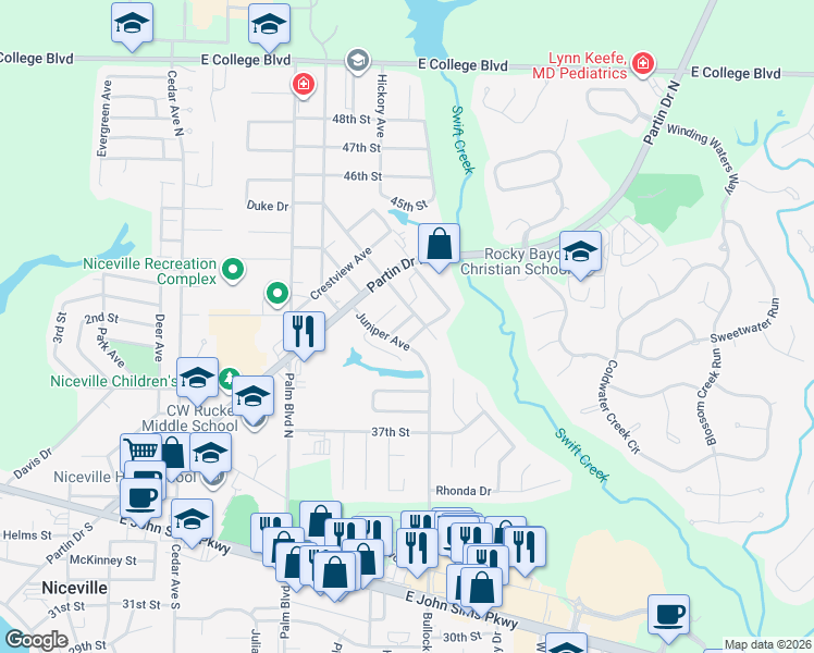 map of restaurants, bars, coffee shops, grocery stores, and more near 1087 Forest Lake Terrace in Niceville