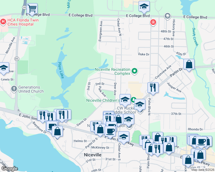 map of restaurants, bars, coffee shops, grocery stores, and more near 211 East Park Avenue in Niceville
