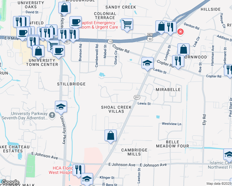 map of restaurants, bars, coffee shops, grocery stores, and more near 2306 Lacey Circle in Pensacola