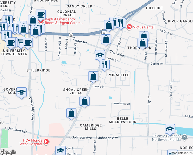 map of restaurants, bars, coffee shops, grocery stores, and more near 8958 North Davis Highway in Pensacola
