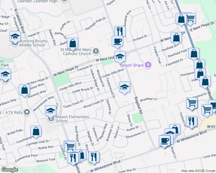 map of restaurants, bars, coffee shops, grocery stores, and more near 1801 Ascot Lane in Cedar Park