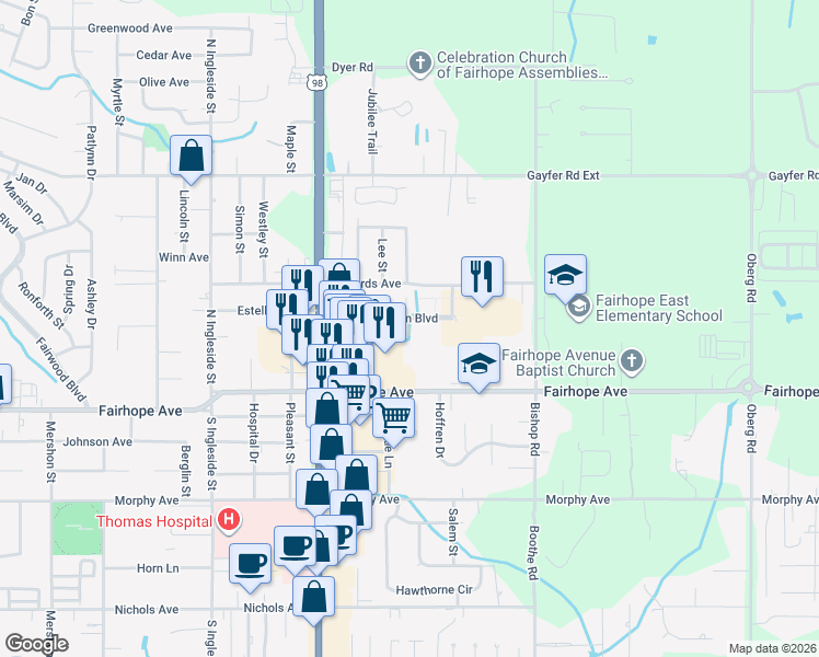 map of restaurants, bars, coffee shops, grocery stores, and more near 101 Plantation Boulevard in Fairhope