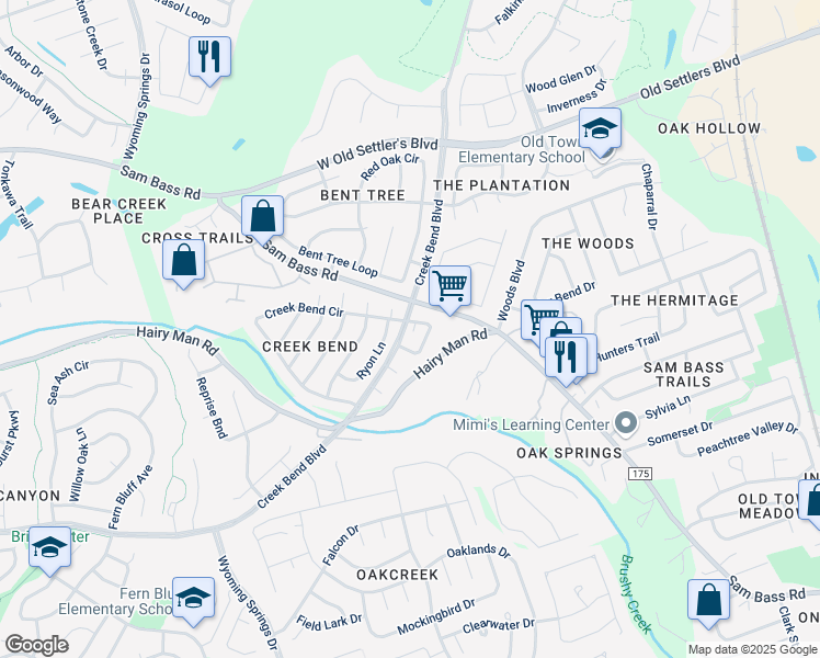 map of restaurants, bars, coffee shops, grocery stores, and more near 1760 Horseshoe Circle in Round Rock