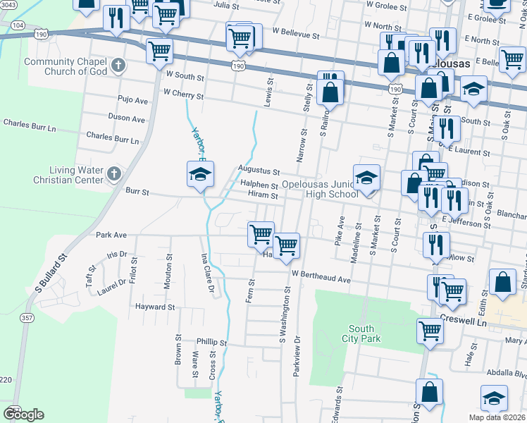 map of restaurants, bars, coffee shops, grocery stores, and more near 900 Freeman Street in Opelousas