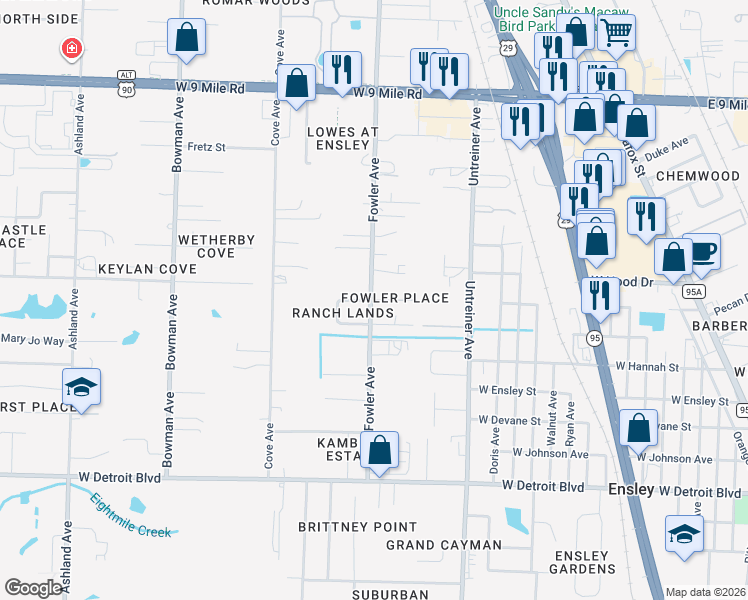 map of restaurants, bars, coffee shops, grocery stores, and more near 799 Tumbleweed Trail in Pensacola