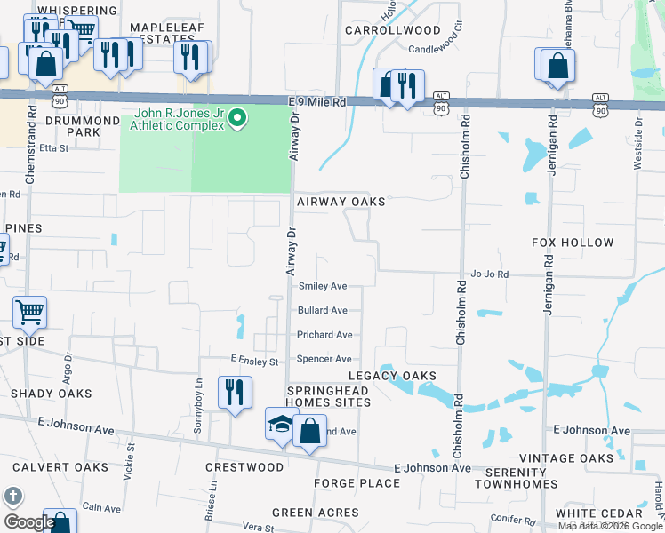 map of restaurants, bars, coffee shops, grocery stores, and more near 8691 Norstum Drive in Pensacola