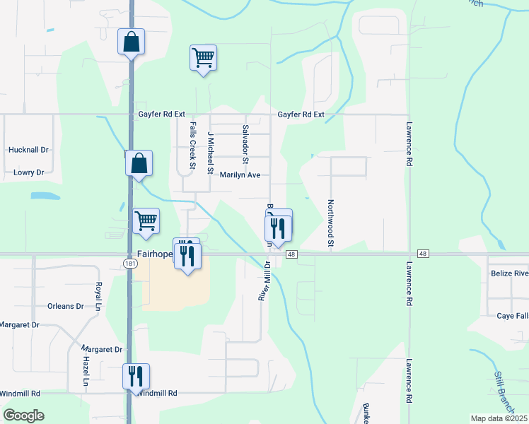 map of restaurants, bars, coffee shops, grocery stores, and more near 20637 Blueberry Lane in Fairhope