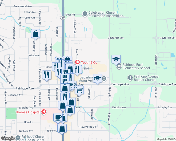 map of restaurants, bars, coffee shops, grocery stores, and more near 101 Plantation Boulevard in Fairhope