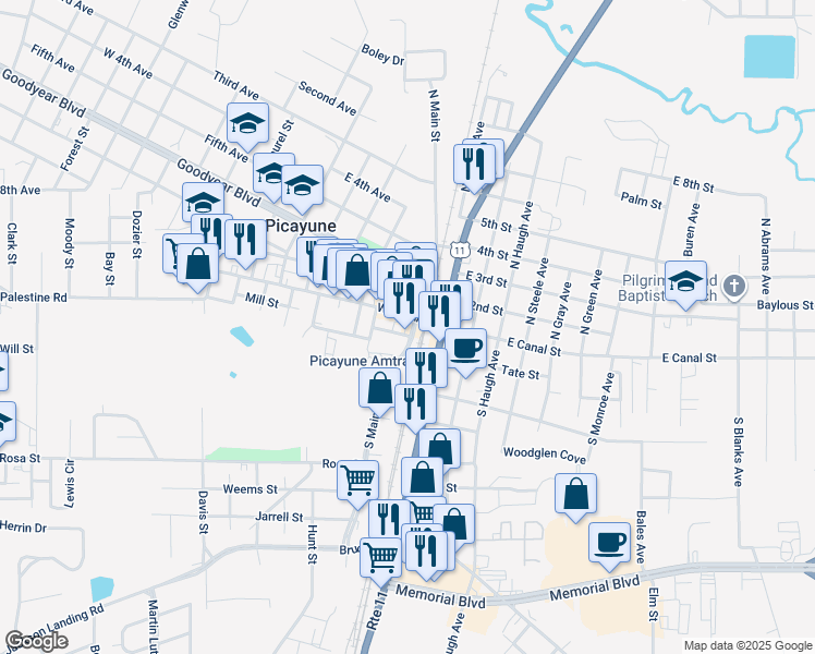 map of restaurants, bars, coffee shops, grocery stores, and more near 101-199 Rester St in Picayune