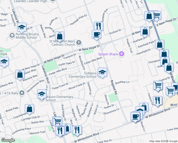 map of restaurants, bars, coffee shops, grocery stores, and more near 1705 Timberwood Drive in Cedar Park