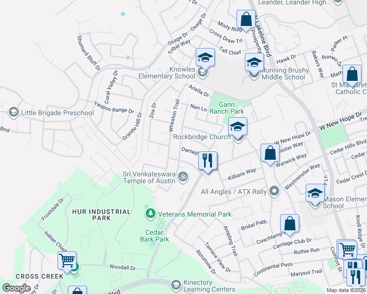 map of restaurants, bars, coffee shops, grocery stores, and more near 2017 Barnett Drive in Cedar Park