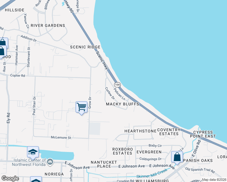 map of restaurants, bars, coffee shops, grocery stores, and more near 3042 Pelican Lane in Pensacola