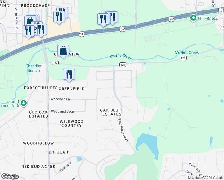 map of restaurants, bars, coffee shops, grocery stores, and more near 3 Meandering Way in Round Rock