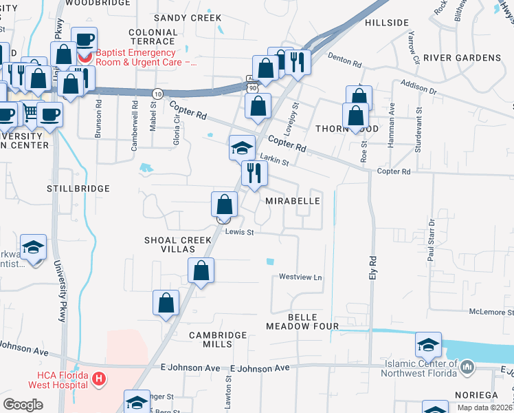 map of restaurants, bars, coffee shops, grocery stores, and more near 8990 North Davis Highway in Pensacola