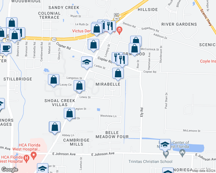 map of restaurants, bars, coffee shops, grocery stores, and more near 355 Mirabelle Drive in Pensacola