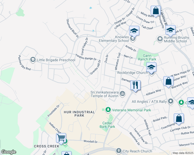map of restaurants, bars, coffee shops, grocery stores, and more near 2420 Granite Hill Drive in Leander