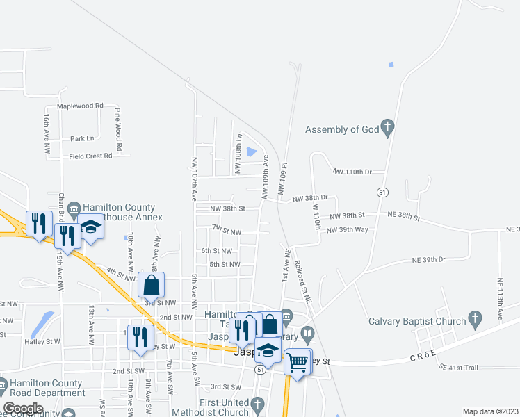 map of restaurants, bars, coffee shops, grocery stores, and more near North West 38th Street in Jasper