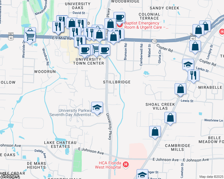 map of restaurants, bars, coffee shops, grocery stores, and more near 9157 Stillbridge Lane in Pensacola
