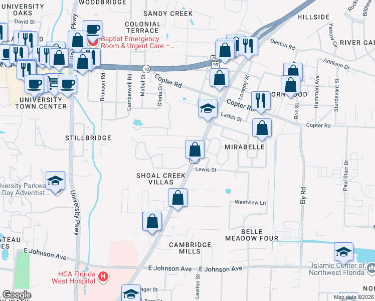 map of restaurants, bars, coffee shops, grocery stores, and more near 2334 Lacey Circle in Pensacola